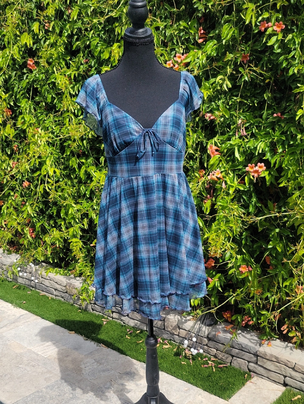 Y2K Blue Plaid Babydoll Skater Grunge Mini Dress M